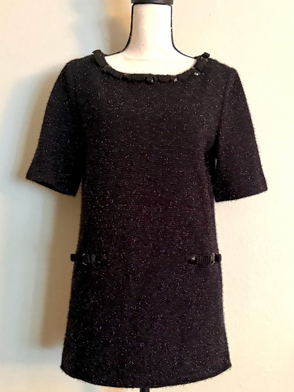 St. John Couture | Black Hand Beaded Knit Top | Metallic Shimmer | Size M